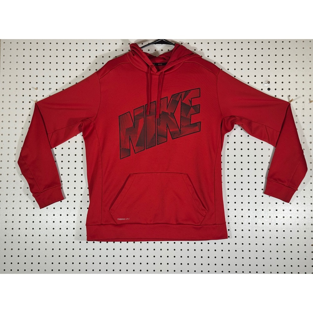 Nike Mens Therma-FIT Hoodie Red Black Graphic Logo Pullover 803226-687 Size L
